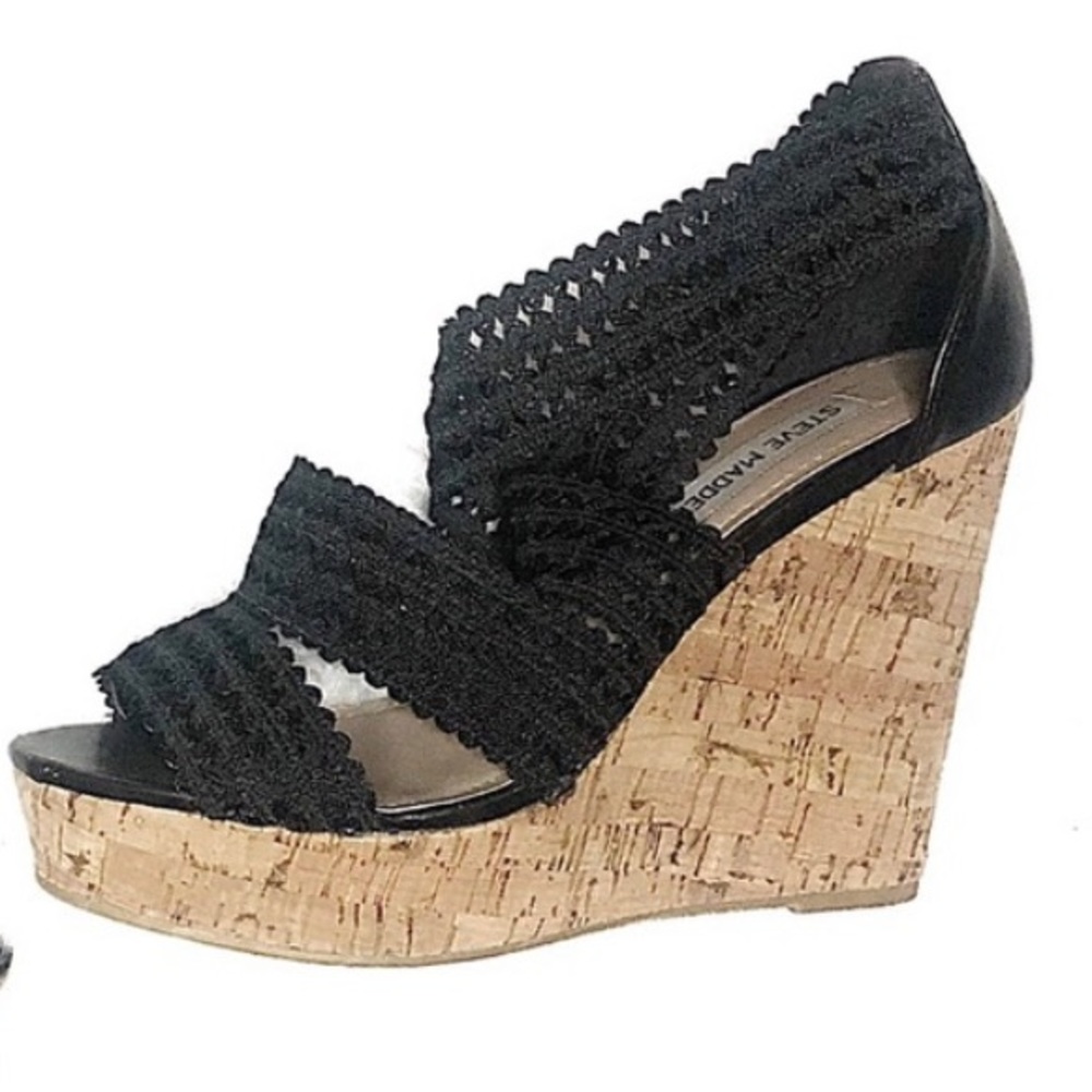 Steve Madden Elston Black Wedge Cork Espadrilles Sandals